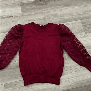 Red Ruffled Long Sleeve Sweatshirt with Sheer Sleeves